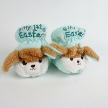 Happy Go Fluffy My First Easter Infant Baby Fleece Bunny Slippers Blue Green - £12.20 GBP