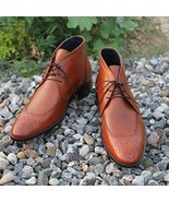 Men&#39;s Brown Medallion Toe Chukka Black Sole Genuine Leather Ankle Laceup... - $205.14 CAD+