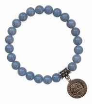 St. Michael Medal Bracelet - Blue Angelite Healing Crystal Stretch Bracelet - £78.63 GBP