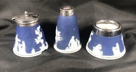 RARE Antique 19ThC Cobalt Blue Jasperware 3Pc Condiment Set By W. Adams &amp; Sons  - £59.11 GBP