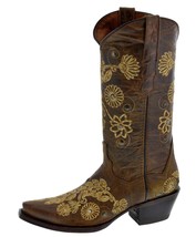 Womens Brown Western Wear Boots Cowboy Dress Floral Embroidery Snip Size 7, 8, 9 - £88.56 GBP