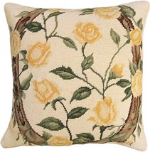 Pillow Throw Needlepoint Rose of Texas 18x18 Beige Back Yellow Wool Cotton - £225.95 GBP