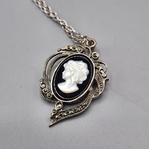 Mother of Pearl Cameo Sterling Silver Marcasite Onyx Pendant Brooch Pin Vtg MOP - £30.29 GBP