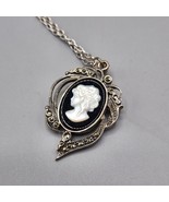 Mother of Pearl Cameo Sterling Silver Marcasite Onyx Pendant Brooch Pin ... - £30.42 GBP
