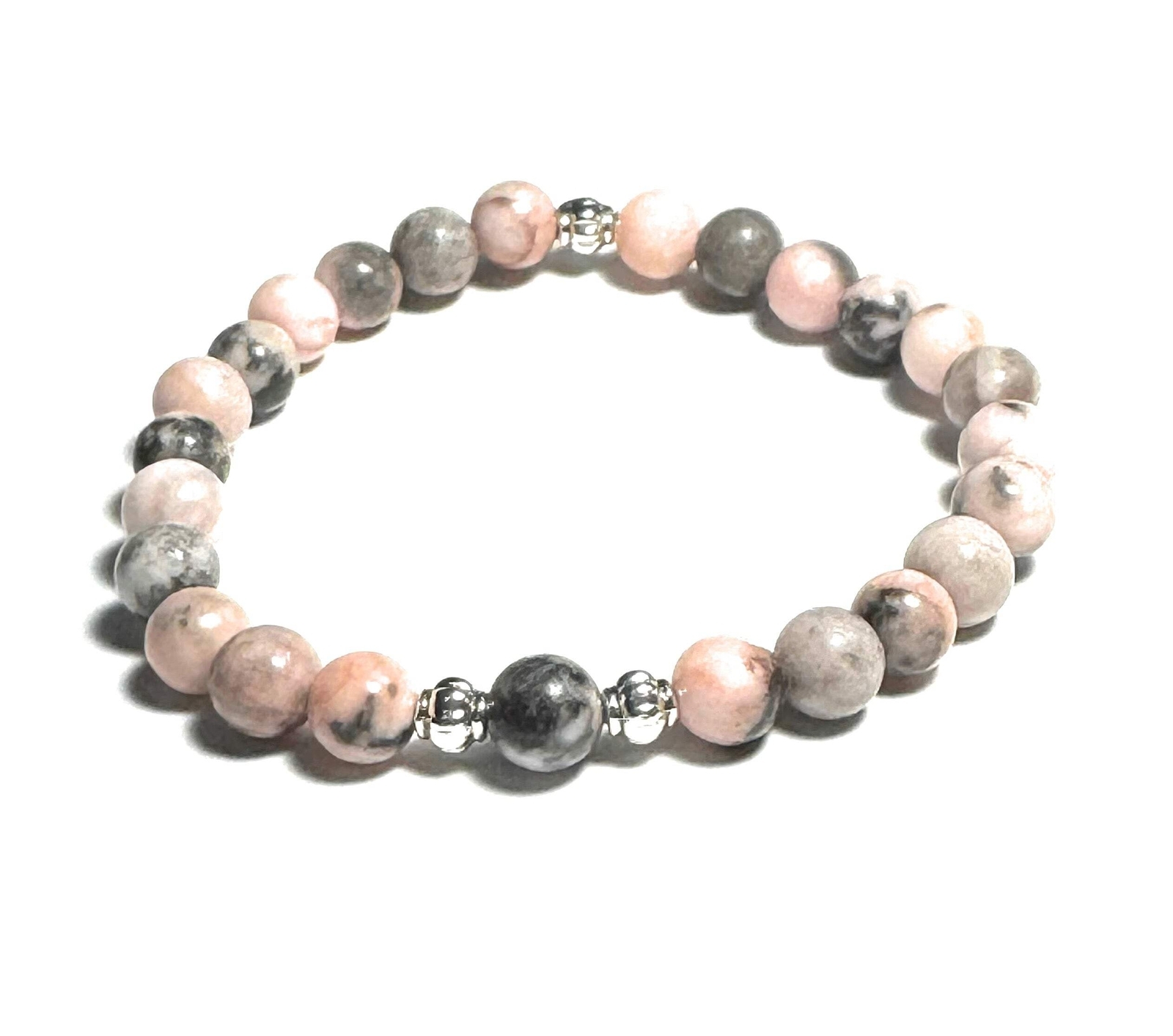 Women&#39;s Natural Pink Zebra Jasper Gemstone Bracelet with Silver Alloy Beads - $18.99