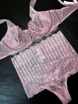 Victoria&#39;s Secret unlined 34C BRA SET S high-waist thong rose PINK lace - £55.26 GBP