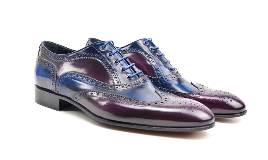Blue Burgundy Cont Wing Tip Genuine Leather Full Brogue Handmade Lace Up Leather