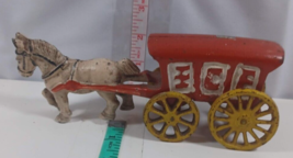 Vintage Heavy Cast Iron Horse Drawn Carriage Ice Delivery Wagon Yellow Wheels - £19.55 GBP