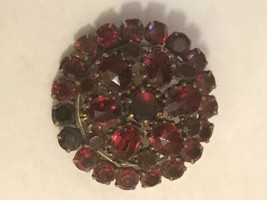 Antique Czech Bohemian Garnet old rose brass circle round pin brooch &quot;C&quot; clasp - £78.44 GBP