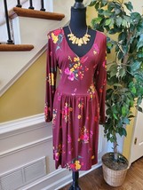 Old Navy Dress Large Plum Floral Shift V-Neck Long Sleeves Pleated Womens - £20.39 GBP