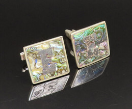 MEXICO 925 Silver - Vintage Inlaid Abalone Initial E Square Cufflinks - TR3370 - £68.54 GBP