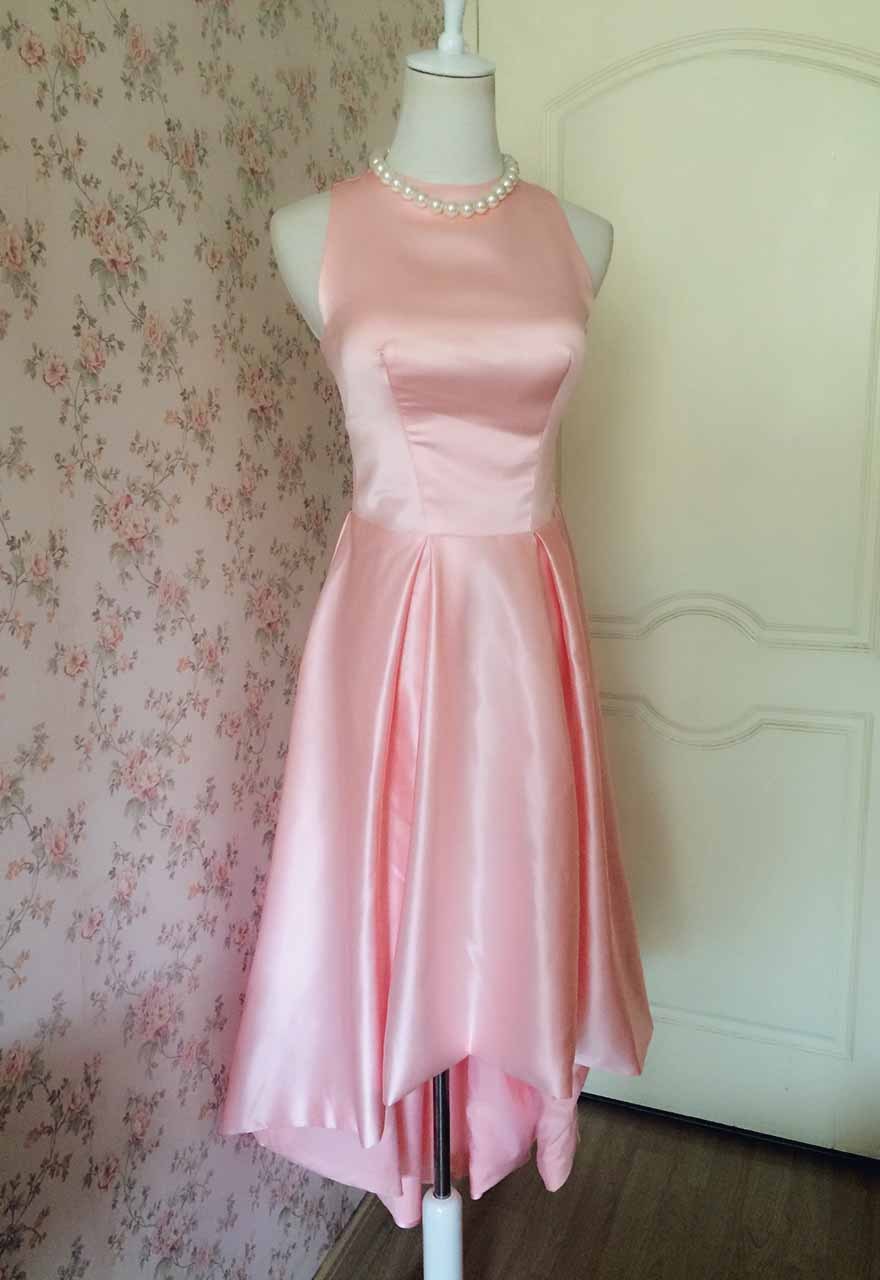 Blush Pink High Low Satin Dress Sleeveless Custom Size Wedding Party Dress
