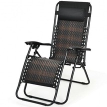 Folding Rattan Zero Gravity Lounge Chair with Removable Head Pillow-Brown - Col - £109.54 GBP