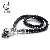 Vintage Black Onyx Beads Skulls Stainless Steel Pendant Necklace Set 48cm - £20.55 GBP