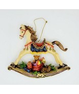 Vintage 5&quot; Resin Rocking Horse Christmas Ornament w/ Santa&#39;s Sack of Toys  - £7.90 GBP