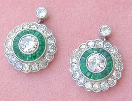 Art Deco 1.85ctw Diamond .45ctw Emerald Halo Stud Dangle Short Cocktail Earrings - £2,919.33 GBP