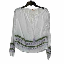Tory Burch Blouse Size 2 White With Green Pink Sequin 100% Cotton LS Tasseled - £35.60 GBP
