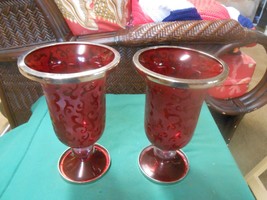 Beautiful Art Glass  Pair  RUBY RED VASES   with Embossed Design - $49.09