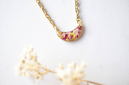 Real Dried Flowers in Resin Necklace, Gold Half Moon in Pink Magenta Yellow - £27.63 GBP