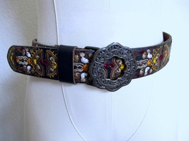 Lucky Brand Leather Embroidered Belt L Boho Brown Gold Tan Wide Artsy Flower - £31.96 GBP