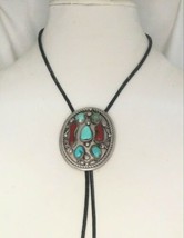 Native American Signed CH Turquoise Branch Coral Sterling Silver 925 Bolo... - £228.70 GBP