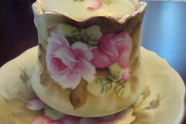 Lefton Japan,vintage covered jelly pot w/ underplate light green and roses [85C] - £35.61 GBP