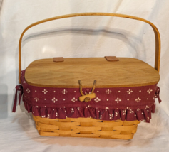 Longaberger 1995 Medium 10&quot; W Purse Basket w/ Leather Hinged Lid, Red Liner - £26.52 GBP