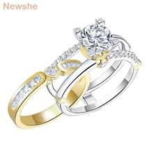 Multi Tone Yellow Gold 925 Sterling Silver Wedding Engagement Ring Set For Women - £58.36 GBP
