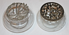 2 Lot Vintage Glass Potpourri Bowls Spoontigues Pewter &amp; Princess House Floral - £19.98 GBP