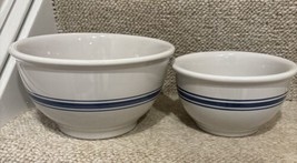 Set Of 2 Stoneware Pottery Mixing Bowls White Blue Stripes Farmhouse 8.5... - $33.87