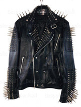 New Men&#39;s Black Long Spiked Studded Real Cowhide Brando Biker Leather Jacket-936 - £304.48 GBP