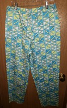 Talbots Abstract Print White Lime Green Blue Teal Stretch Cropped Pants ... - $19.95