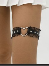 Black Leather and Lace Garter with Silver Studs and Heart Charm - $12.41