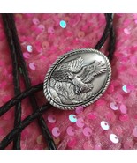 Gorgeous vintage black leather and silver bolo tie w/flying eagle over m... - €56,06 EUR