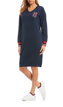 New Tommy Hilfiger Women&#39;s Fleece Knit V-Neck Varsity Dress Navy Medium - £50.49 GBP