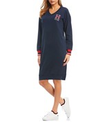 New Tommy Hilfiger Women&#39;s Fleece Knit V-Neck Varsity Dress Navy Medium - £52.43 GBP