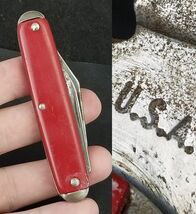 rare pocket knife vintage MADE IN USA two blade 1950's red MYSTERY KNIFE - $29.99