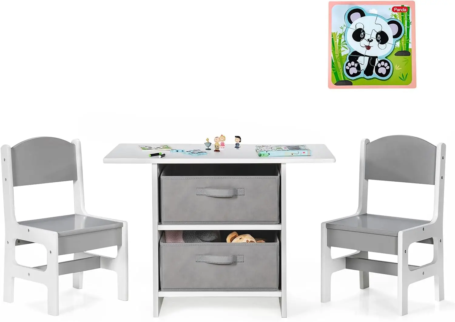 Kids Table and Chair Set, Wood Table w/Toy Storage Baskets, Jigsaw Puzzl... - $198.29