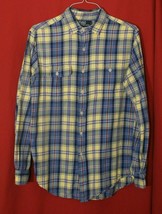 Polo Ralph Lauren Mens M Flannel Plaid Button Up Shirt Yellow Blue Pencil Pocket - £20.14 GBP