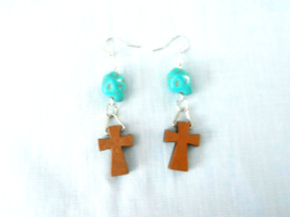 Brown Wooden Cross Cut Out And Turquoise Blue Nugget Two Part Dangle Earrings - £6.68 GBP