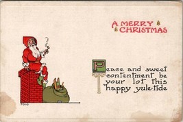 Santa Claus with Pipe on Chimney Art Deco Embossed Postcard U17 - £3.88 GBP
