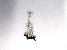 Flying Pig W Black Enamel Body &amp; Silver Wings Charm 14g Clear Cz Belly Ring Bar - £5.62 GBP