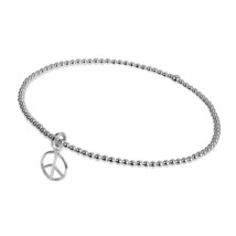 Elastic Bead Link Peace Sign Sterling Silver Bangle Bracelet - £14.66 GBP