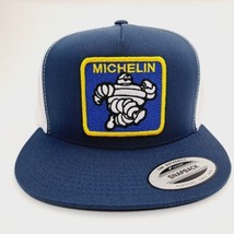 Michelin Man Flat Bill Snapback Mesh Trucker Embroidered Patch Blue &amp; White - £15.56 GBP