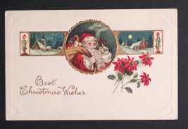 Best Christmas Wishes Santa Poinsettia Snow Scenic View Embossed Postcard c1910s - £6.26 GBP