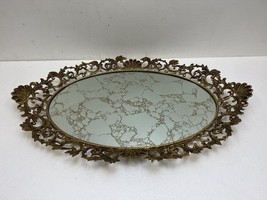 Vintage VANITY MIRROR TRAY gold heavy brass ornate frame hollywood regency oval - £78.65 GBP