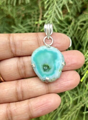 925 Sterling Silver Plated, Light Green Druzy Geode Agate Stone Pendant, 6 - $12.73