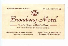 Broadway Motel Business Card Denver Colorado George &amp; Miriam Cohen - $17.82