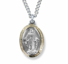 Sterling Silver Two Tone Oval Miraculous Medal Necklace &amp; Chain - £119.89 GBP