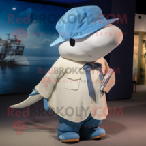 Cream Blue Whale mascot costume character dressed with Henley Shirt and Caps - $1,209.00